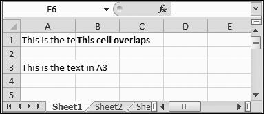 Overlapping cells can create big headaches. For example, if you type a large amount of text into A1, and then you type some text into B1, you see only part of the data in A1 on your worksheet (as shown here). The rest is hidden from view. But if, say, A3 contains a large amount of text and B3 is empty, the content in A3 is displayed over both columns, and you don't have a problem.