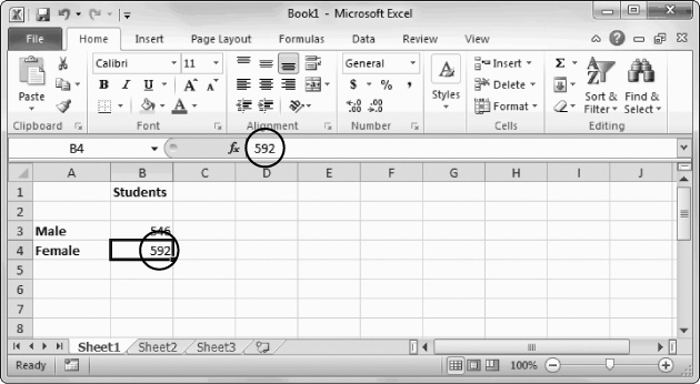 The formula bar (just above the grid) shows information about the active cell. In this example, the formula bar shows that the current cell is B4 and that it contains the number 592. Instead of editing this value in the worksheet, you can click anywhere in the formula bar and make your changes there.