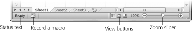 In the status bar, you can see the basic status text (which just says "Ready" in this example), the view buttons (which are useful when you're preparing a spreadsheet for printing), and the zoom slider bar (which lets you enlarge or shrink the current worksheet view).