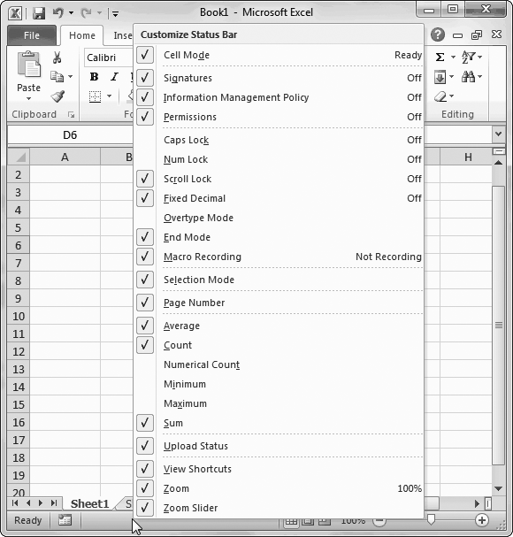 Every item that has a checkmark appears in the status bar when you need it. For example, if you choose Caps Lock, the text "Caps Lock" appears in the status bar whenever you hit the Caps Lock key to switch to all-capital typing. The text that appears on the right side of the list tells you the current value of the indicator. In this example, Caps Lock mode is currently off and the Cell Mode text says "Ready."