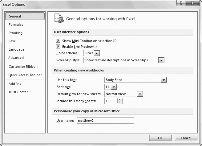 The Excel Options window is divided into 10 sections. To pick which section to look at, choose an entry from the list on the left. In this example, you're looking at the General settings group. In each section, the settings are further subdivided into titled groups. You may need to scroll down to find the setting you want.