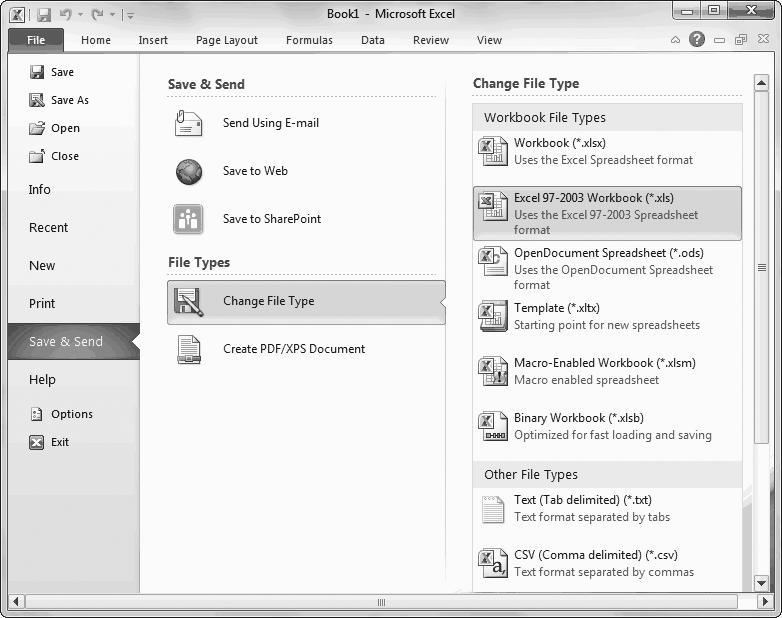 Using File→Save & Send, you can email a copy of your workbook (page 723), transfer it to the Excel Web App (Chapter 26), or upload it to SharePoint (page 746). But ignore these options for now and focus on the "File Types" section underneath, which gives you shortcuts for saving your work in alternative file formats. If you click Change File Type, you get a list with the most common file formats (on the right). Double-click an entry to open the Save As dialog box with that selection. Or click Create PDF/XPS Document to create a print-ready PDF document, as described on page 44.