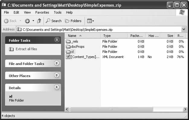 Inside every .xlsx file lurks a number of compressed files, each with different information. For example, separate files store printer settings, styles, the name of the person who created the document, the composition of your workbook, and each individual worksheet.