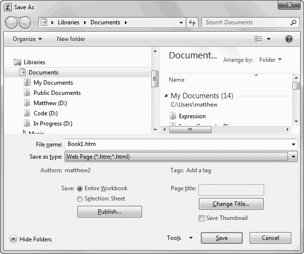 When you're saving a spreadsheet as a web page, the Save As dialog box gets a couple of new buttons. Use Change Title to set the web page's title. You can also choose to save either the entire workbook or just the current selection.