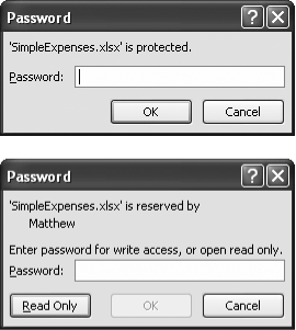 Top: You can give a spreadsheet two layers of protection. Assign a "password to open," and you'll see this window when you open the fileBottom: If you assign a "password to modify," you'll see the choices in this window. If you use both passwords, you'll see both windows, one after the other.