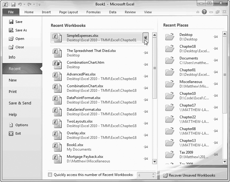 To keep a spreadsheet around on the Recent Documents list, click the thumbtack on the right. Excel moves your workbook to the top of the list and pins it in place. That means it won't ever leave the list, no matter how many documents you open. If you decide to stop working with it later on, just click the thumbtack again to release it. Pinning is a great trick for keeping your most important files at your fingertips.