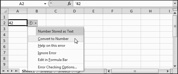 In this worksheet, the number 42 is stored as text, thanks to the apostrophe that precedes it. Excel notices the apostrophe, wonders if it's an unintentional error, and flags the cell by putting a tiny green triangle in the top-left corner. If you move to the cell, an exclamation mark icon appears, and, if you click that, a menu appears, letting you choose to convert the number or ignore the issue for this cell. Excel provides a similar menu if you enter a text date that has a two-digit year, as in '1-1-07. In this case, the menu allows you to convert the two-digit date to a four-digit date that has a year starting with 19 or 20.