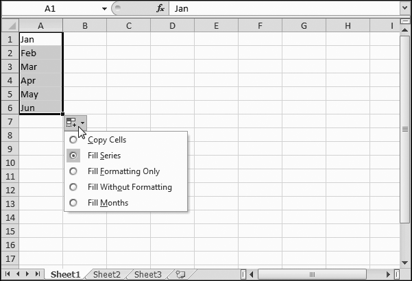 After AutoFill does its magic, Excel displays a menu that lets you fill the series without copying the formatting, or copy the formatting without filling the series. You can also choose to copy values instead of generating a list. For example, if you choose to copy values—or Copy Cells, as Excel calls it—then in the two-item series Jan, Feb, you end up with Jan, Feb, Jan, Feb, rather than Jan, Feb, Mar, Apr.