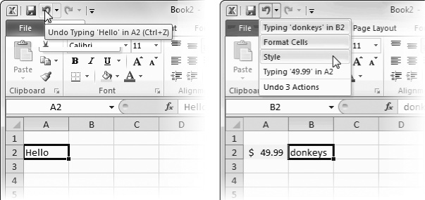 Left: When you hover over the Undo button, you see a text description for the most recent action, which is what you'll undo if you click away. Here, the text Hello has just been typed into a cell, as Excel explains.Right: Click the down-pointing arrow on the edge of the Undo button to see a history of all your recent actions, from most recent (top) to oldest (bottom). If you click an item that's down the list, you'll perform a mega-undo operation that undoes all the selected actions. In this example, three actions are about to be rolled back—the text entry in cell B2, and a style and format operation that changed the number format and background fill of cell A2.