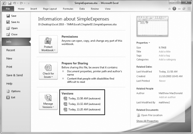 As long as you're making changes, Excel will continue making automatic backups according to the AutoRecover settings you've configured (page 54). If you're using the standard AutoRecover settings, Excel will create a new backup as often as every 10 minutes. Here, there are three previous versions of the current workbook. Backups are listed from most recent to oldest and identified by the time they were made.