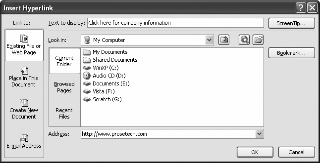 In this example, someone's about to create a new hyperlink. It'll appear in the worksheet with the text "Click here for company information" (which, of course, you can edit to say anything you want) and will take the clicker to the website www.prosetech.com.