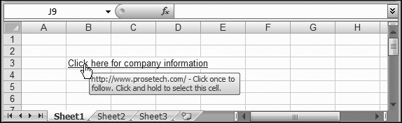 A tooltip appears telling you the target web address, file path, or worksheet location. Optionally, you can replace this tooltip with a custom message when you create or edit the hyperlink.