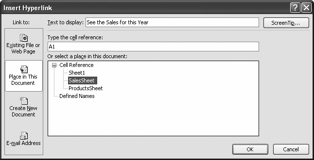 Excel gives you a convenient tree that represents your workbook. You can choose any of the worksheets in your workbook, or you can choose a predefined named range (page 371).