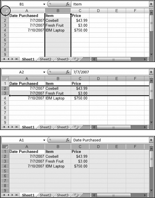 Top: Click a column header to select that entire column.Middle: Click a row number to select that entire row.Bottom: To select every cell in the worksheet, click the gray box near the top-left corner of the worksheet (circled).