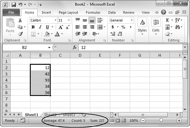 The nicest detail about the status bar's quick calculations is that you can mix and match several at a time. Here, you see the count, average, and sum of the selected cells.