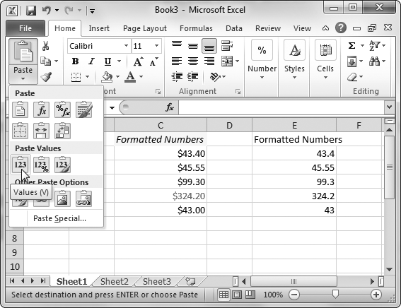 In this example, the original data is in cells C1 to C6. The paste preview is shown in cells E1 to E6. Here, the preview is for the Values paste option, which copies all the numbers but none of the formatting. You can move to a different paste option and get a different preview or click a cell in the worksheet to banish the preview and cancel the paste operation.