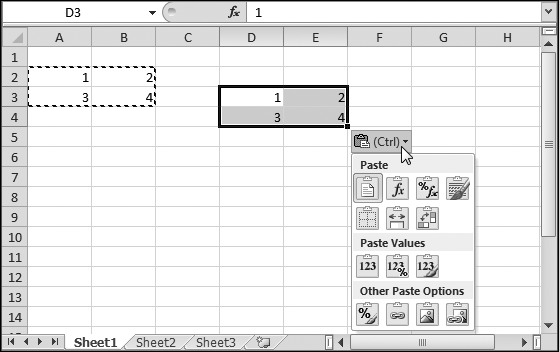 The paste icon appears following the completion of every paste operation, letting you control a number of options, including whether the formatting matches the source or destination cells. You can change the type of paste several times, until you get exactly the result you want. The only disadvantage is that this menu doesn't have the same preview feature that the ribbon offers.