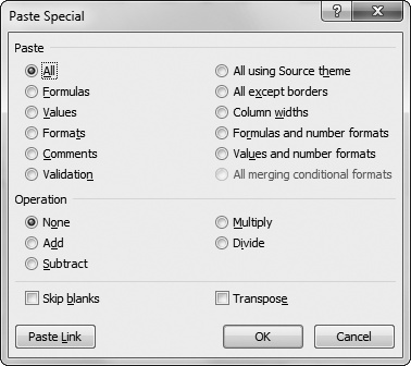 The Paste Special window allows you to choose exactly what Excel will paste, and it also lets you apply a few other settings. The big drawback is that you don't get a preview, and some of the options are less than clear. In this example, Excel will perform an ordinary paste with a twist; it won't bother to copy any blank cells.