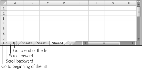 Using the scroll buttons, you can move between worksheets one at a time or jump straight to the first or last tab. These scroll buttons control only which tabs you see—you still need to click the appropriate tab to move to the worksheet you want to work on.