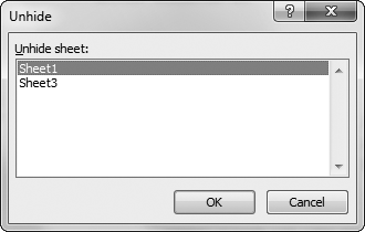 This workbook contains two hidden worksheets. To restore one, just select it from the list, and then click OK. Unfortunately, if you want to show multiple hidden sheets, you must use the Unhide Sheet command multiple times. Excel has no shortcut for unhiding multiple sheets at once.