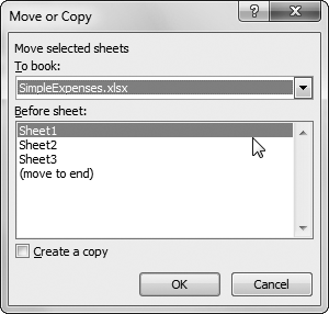 Here, the selected worksheet is about to be moved into the SimpleExpenses.xlsx workbook. (The source workbook isn't shown.) The SimpleExpenses workbook already contains three worksheets (named Sheet1, Sheet2, and Sheet3). Excel inserts the new worksheet just before the first sheet. Because the "Create a copy" checkbox isn't turned on, Excel removes the worksheet from the source workbook when it completes the transfer.