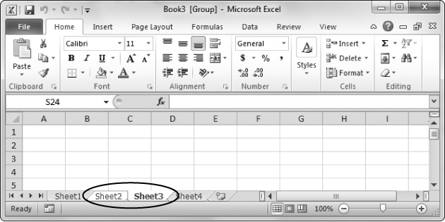 In this example, Sheet2 and Sheet3 are grouped. When worksheets are grouped, their tab colors change from gray to white. Also, in workbooks with groups, the title bar of the Excel window includes the word [Group] at the end of the file name.