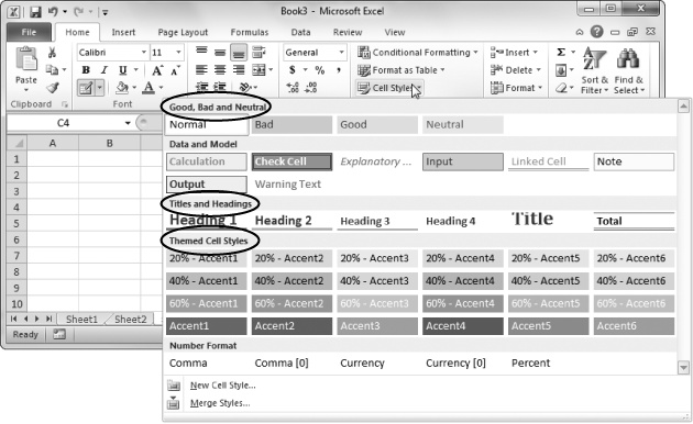 Excel divides its built-in styles into separate categories, according to how you might use them. The Good, Bad, and Neutral category lets you separate the good news from the bad using the carefully shaded versions of the universal colors red, yellow, and green. The Titles and Headings category adds border formatting (page 167) to make great titles. And the Themed Cell Styles category gives you a range of differently colored, differently shaded cells that are chosen to match harmoniously with one another based on the current workbook theme (page 174).