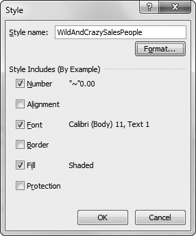 Here, a new style, WildAndCrazySalesPeople, is about to be created. This style defines a number format as well as font and fill settings. If you don't want your style to include some of these settings, turn off the checkmark in the appropriate checkboxes. For example, if you want to create a style that applies a new font, fill, and border, but you want to keep the existing alignment and number format, turn off the Number and Alignment checkboxes. As a general rule, if you don't need to explicitly set a specific style characteristic, turn off the corresponding checkmark.