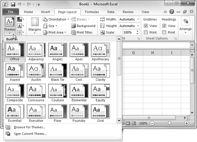 Every workbook begins using the crowd-pleasing Office theme, but you have a long list of other options. You can even search Microsoft's Office Online website for hot new themes. As you hover over a new theme, your workbook adjusts itself automatically, thanks to the magic of Excel's live preview feature.