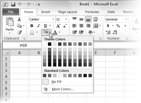 When you set the background fill in a cell, you can pick one of the theme colors (at different saturations), you can use a standard color (which gives you the standard red-green-blue lineup), or you can click More Colors to pick a custom color of your own design. You have the same choices when picking the foreground color for your text.