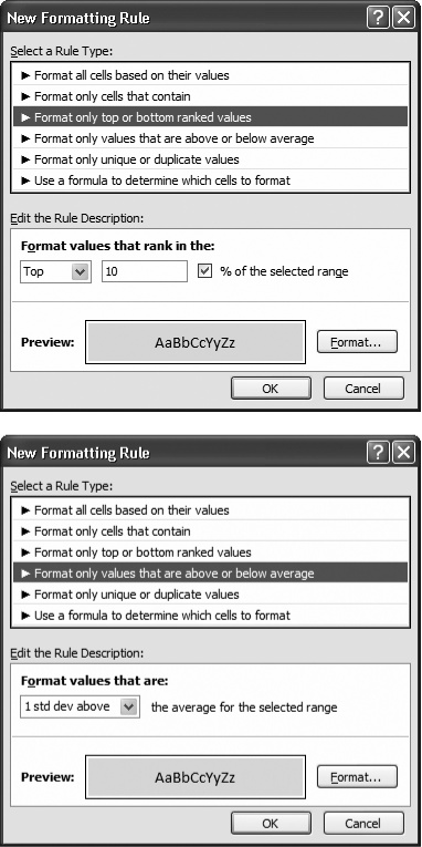 Top: This rule picks out the top 10 percent of all values.Bottom: This rule picks out values that are one standard deviation above average.Both rules format the highest values, without your actually needing to know what these values are.