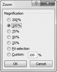 Using the Zoom dialog box, you can select a preset zoom percentage or, in the Custom box, type in your own percentage. However, using the Zoom slider (on the Status bar's right side) is almost always faster than making frequent trips to the Zoom dialog box.