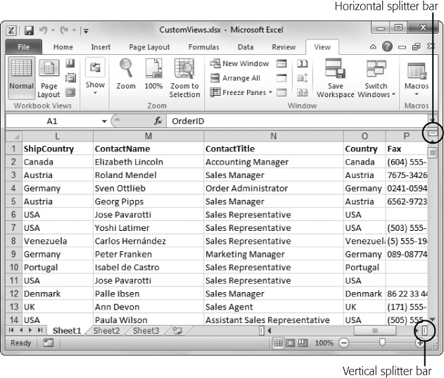 Every Excel window contains both horizontal and vertical splitter controls.