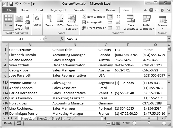 Here you can see the data in rows 1 through 6 and rows 709 through 715 at the same time. As you move from column to column, both panes move in sync, letting you see, for instance, the phone number information in both panes at once. (You can scroll up or down separately in each pane.)