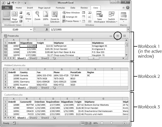 These three spreadsheets have been arranged horizontally. HiddenColumns.xlsx is the active window. To return to the standard, one-file view, just double-click the blue title bar on any window, or click its Maximize button at the right (circled).