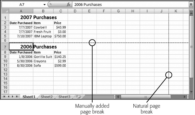 Using a page break, you can make sure the second table (2006 Purchases) always begins on a new page. The dotted line shows where one page ends and the new page starts. When you add a page break, you see a dotted line for it, and you see a dotted line that shows you where additional page breaks naturally fall, based on your margins, page orientation, and paper size settings.