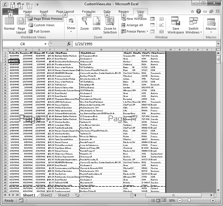 This example shows a large worksheet in Page Break Preview mode. The worksheet is too wide to fit on one page (at least in portrait orientation), and the thick dotted line clearly indicates that the page breaks after column G and after row 47. (Excel never breaks a printout in the middle of a column or row.)