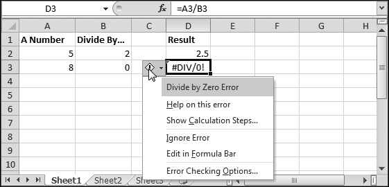 When Excel spots an error, it inserts a tiny green triangle into the cell's top-left corner. When you move to the offending cell, Excel displays an exclamation mark icon next to it (a smart tag). Hover over the exclamation mark to view a description of the error (which appears in a tooltip), or click the exclamation icon to see a list of menu options.