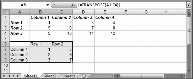 In this worksheet, the TRANSPOSE() function has inverted most of the data in a table, turning columns into rows and rows into columns.