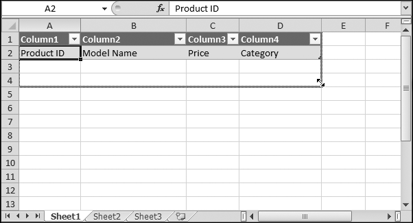 To quickly resize your table, look for the tiny triangle icon at the bottom-right corner (under the two-headed arrow in this figure), and then drag it to encompass more (or fewer) rows and columns.