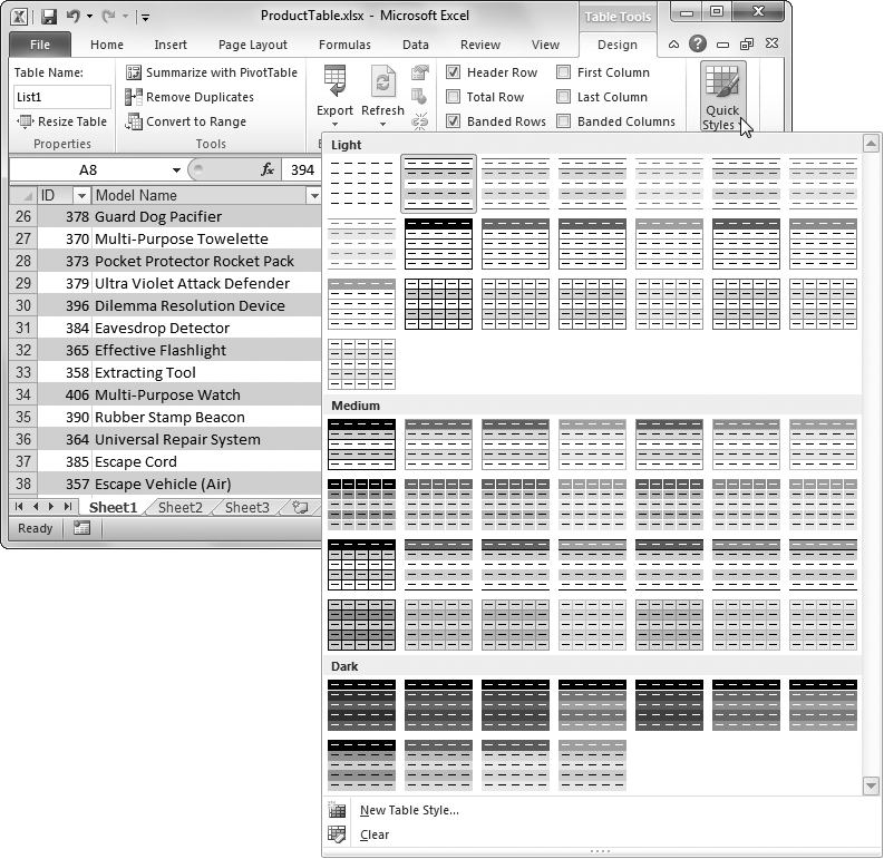 Depending on your Excel window's width, in the ribbon, you may see the table style gallery. Or, if there's not enough room available, you see a Quick Styles button that you need to click to display a drop-down style gallery (as shown here).