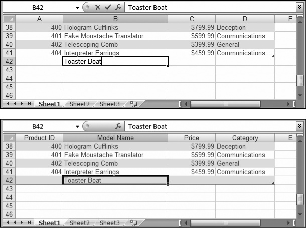 Top: Here, a new record is being added just under the current table.Bottom: Once you enter at least one column of information and move to another cell, Excel adds the new row to the table and formats it. Don't worry—if Excel expands a table against your wishes, you aren't completely powerless. To correct Excel's mistake, look for the lightning bolt icon that appears immediately next to the newly added column. This doohickey is a smart tag that lets you reverse the expansion. Click it once, and Excel displays a pop-up menu giving you two choices: Undo Table AutoExpansion (to return your table to its previous size) and Stop Automatically Expanding Tables (to turn off this behavior altogether).