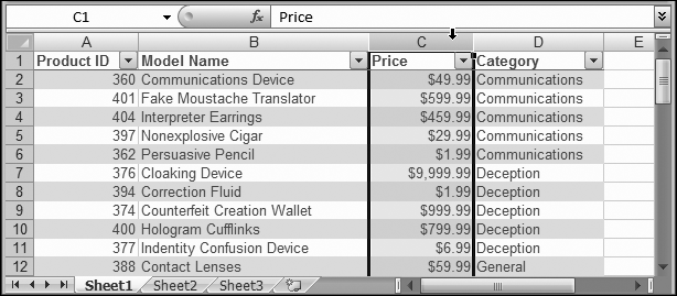 You can easily select an entire column in a table. Just position the mouse as shown here, and then click once.