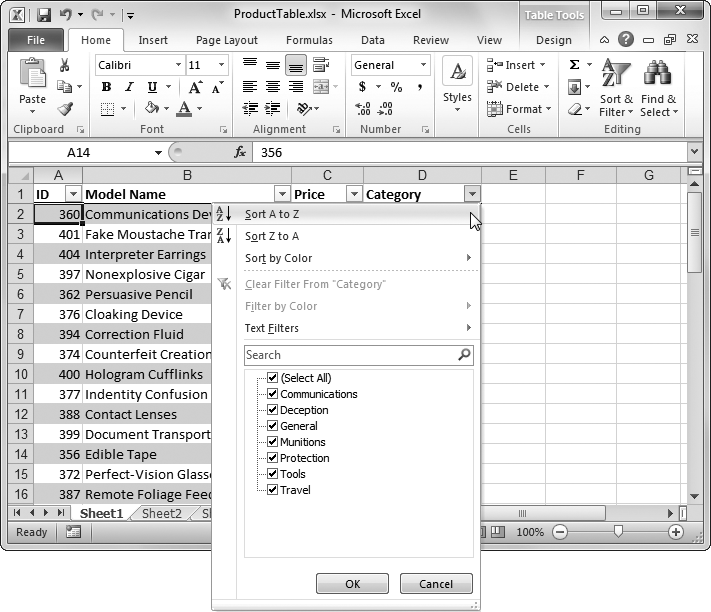 A quick click is all it takes to order records in ascending order by their category names. You don't need to take any action to create these handy drop-down lists—Excel automatically provides them for every table.