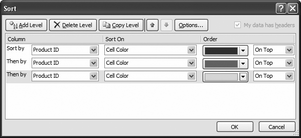 In this table, rows with a red background appear at the top, followed by green and then yellow rows (followed by any rows that don't have a background color). If you want to send a color to the bottom of a table instead of the top, change On Top to On Bottom.