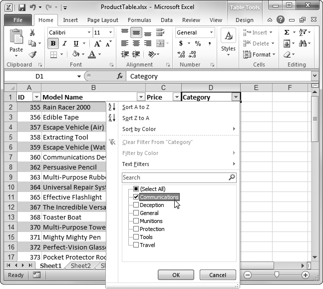 Initially, each value has a checkmark next to it. Clear the checkmark to hide rows with that value. Or, if you want to home in on just a few items, clear the Select All checkmark to remove all the checkmarks, and then choose just the ones you want to see in your table. Either way, remember to click OK to make your choices take effect.