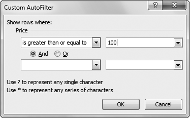 This dialog box lets you complete the Greater Than Or Equal To filter. It matches all products that are $100 or more. You can use the bottom portion of the window (left blank in this example) to supply a second filter condition that either further restricts (choose And) or supplements your matches (choose Or).