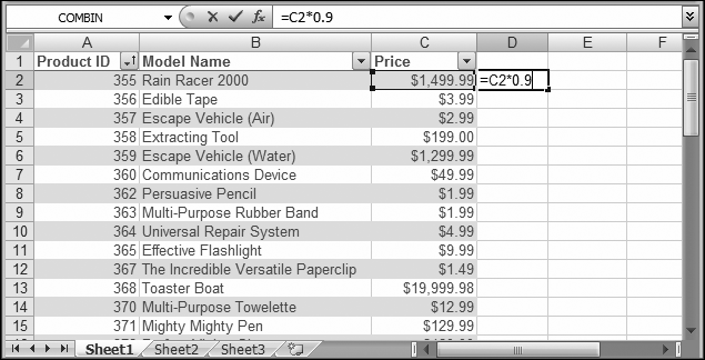 This worksheet shows a new column with a formula that's in the process of being entered. See Figure 14-22 for what happens next.