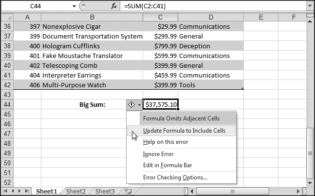 Excel warns you if you create a function that leaves out part of the information in a table. For example, the formula in C44 mistakenly left out cell C42. Excel offers to remedy the problem—just choose Update Formula to Include Cells.