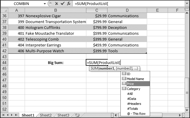 Once you type a table name followed by an open bracket, Excel shows a list of columns in that table. You can select one using the up and down arrow keys, and then insert it into your formula by pressing Tab.